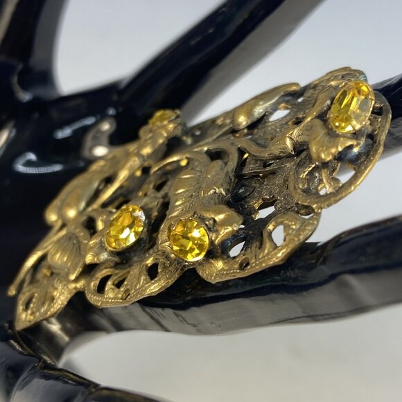 Antique Art Nouveau Fur Clip Dress Pin Filigree Goldtone Floral Rhinestone - Picture 8 of 13